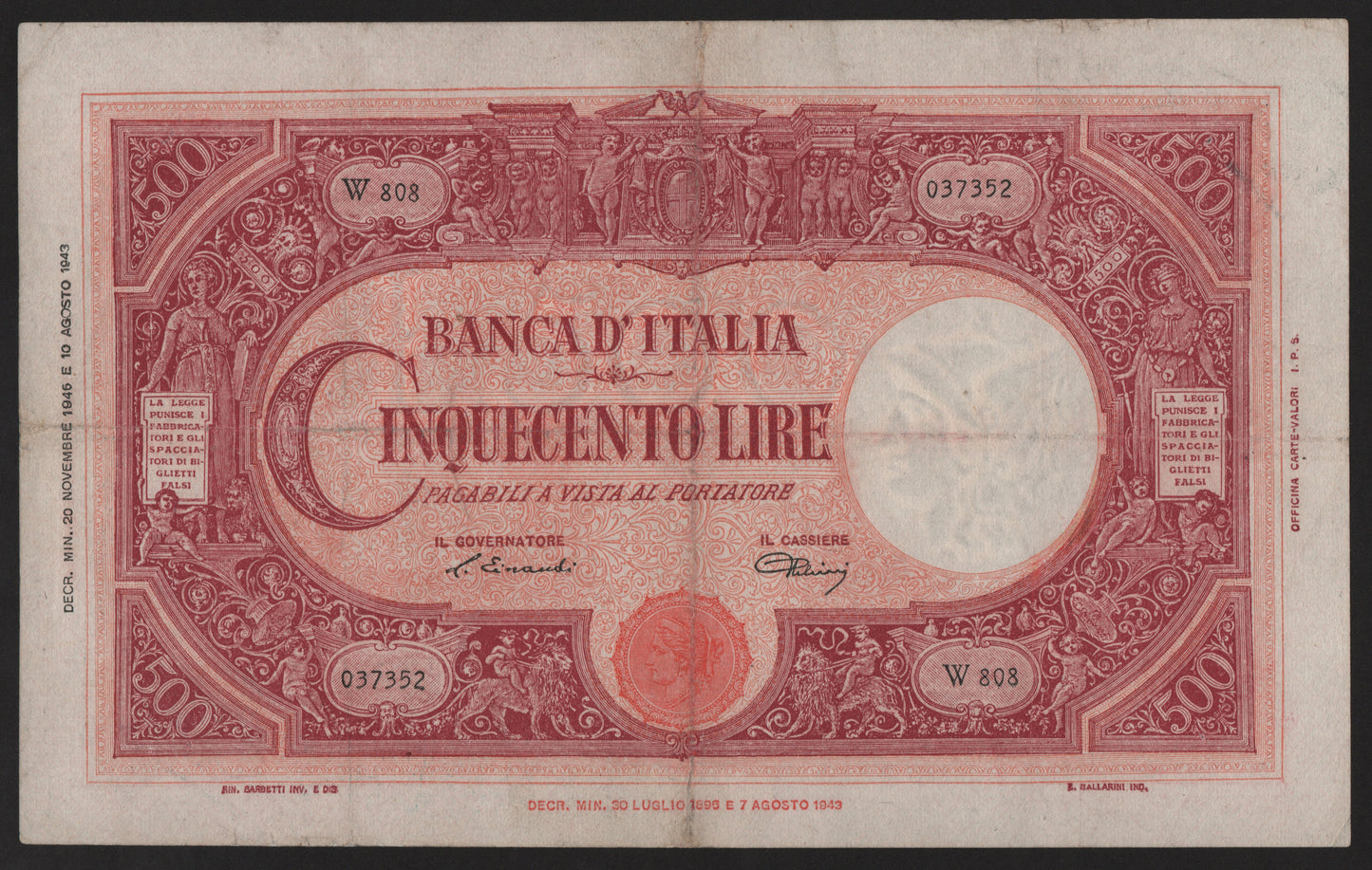 500 LIRE GRANDE "C" (B.I.) REPUBBLICA 20/11/1946 BB - Numismatica_ita