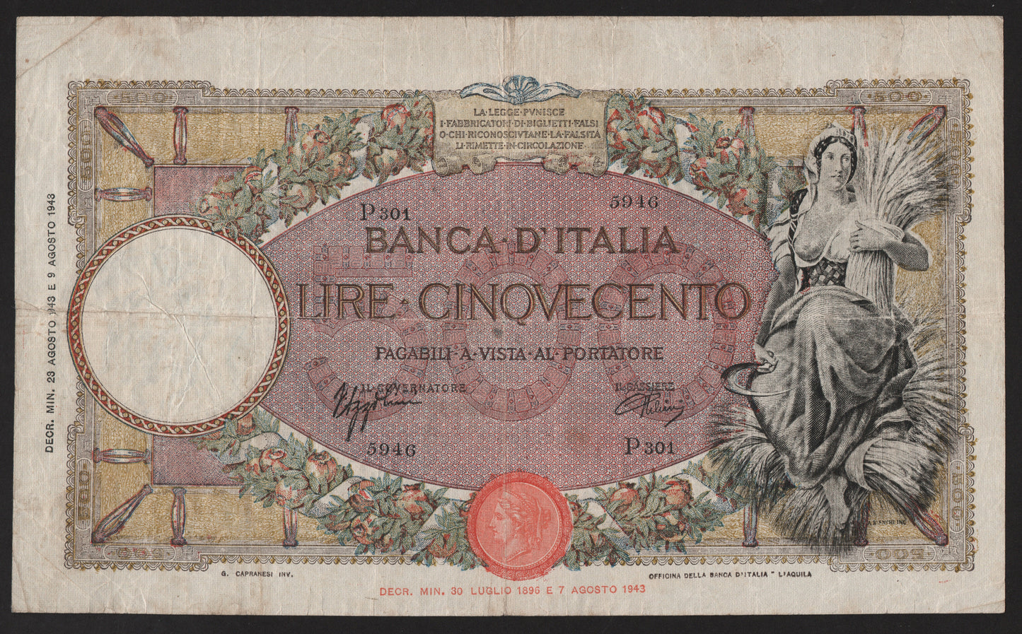 500 LIRE MIETITRICE (B.I.) 23/08/1943 BB - Numismatica_ita