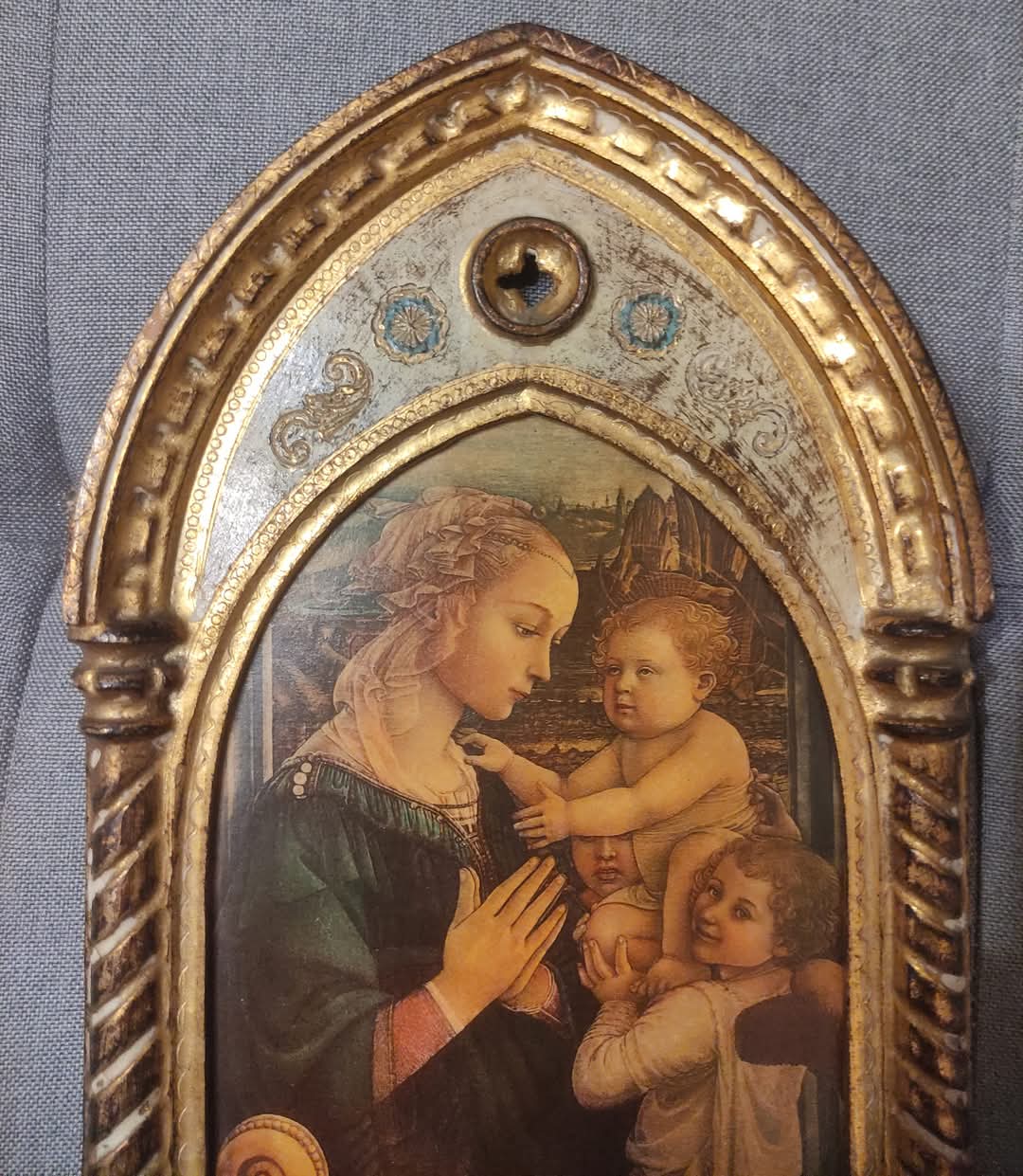 QUADRO MADONNA CON BAMBINO CORNICE ANTICA DORATA STILE GOTICO RINASCIMENTALE