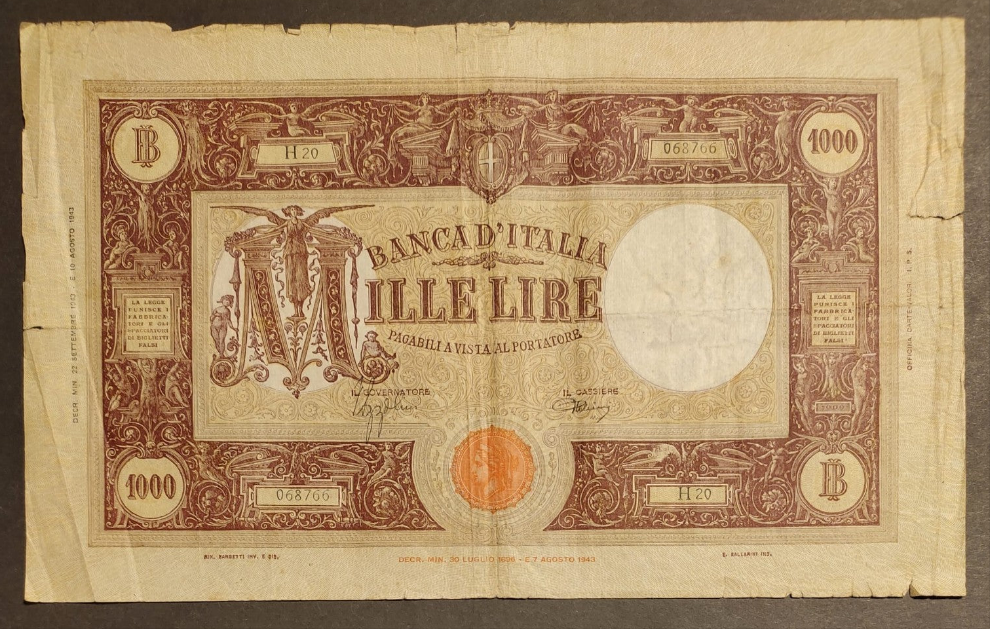1000 LIRE GRANDE "M" (B.I.) 22/09/1943 MB+
