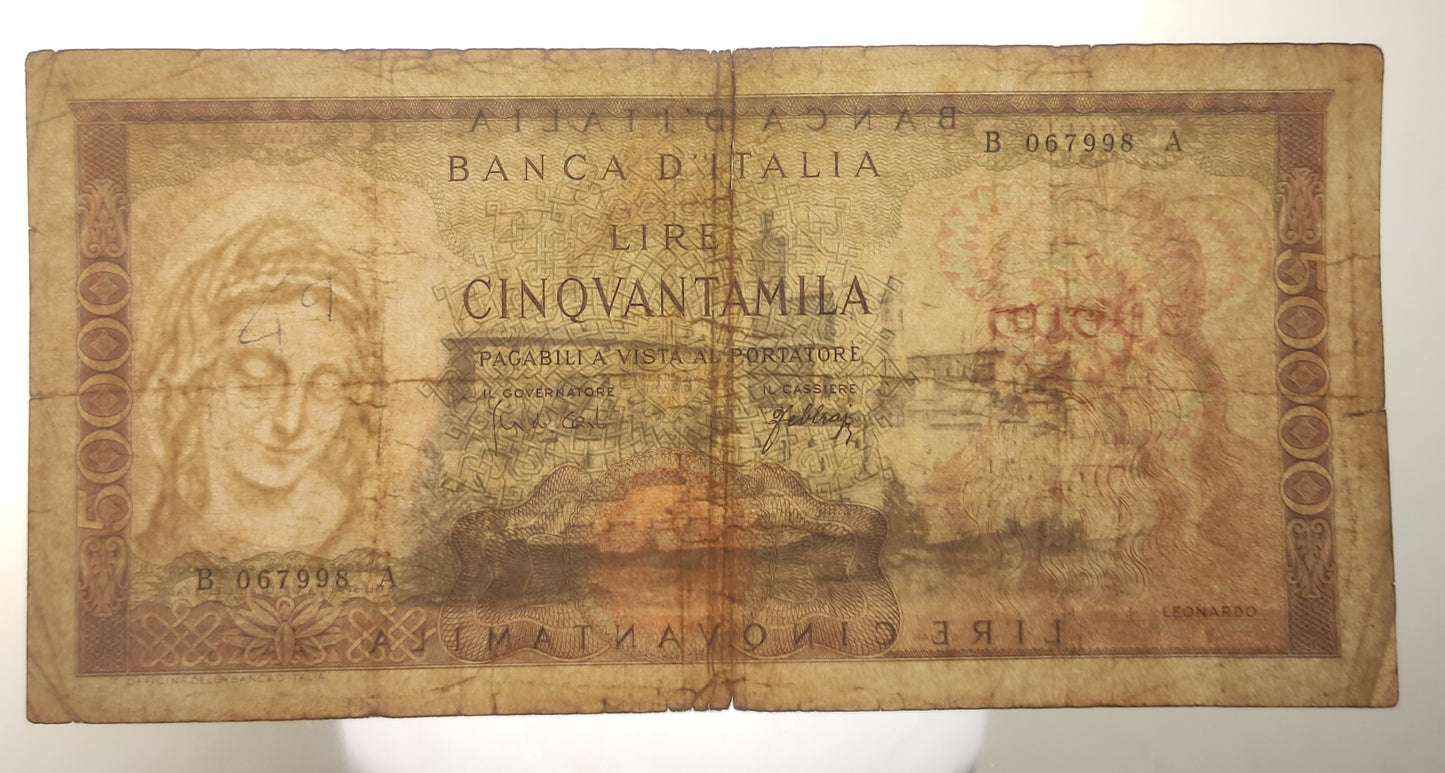 50000 LIRE LEONARDO DA VINCI 03/07/1967 qBB - Numismatica_ita