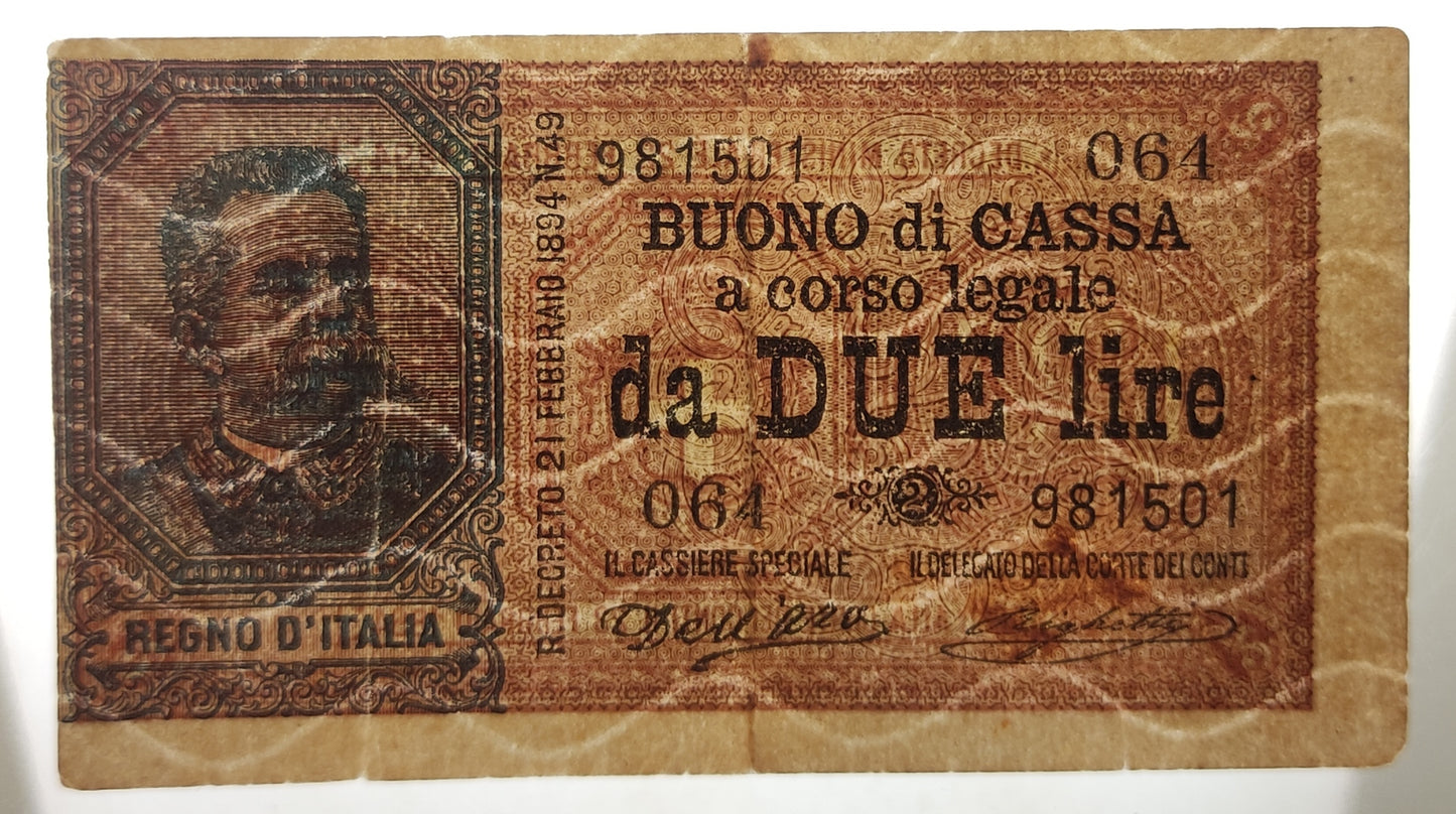 BUONO DI CASSA 2 LIRE UMBERTO I 26/08/1897 R3 BB - Numismatica_ita