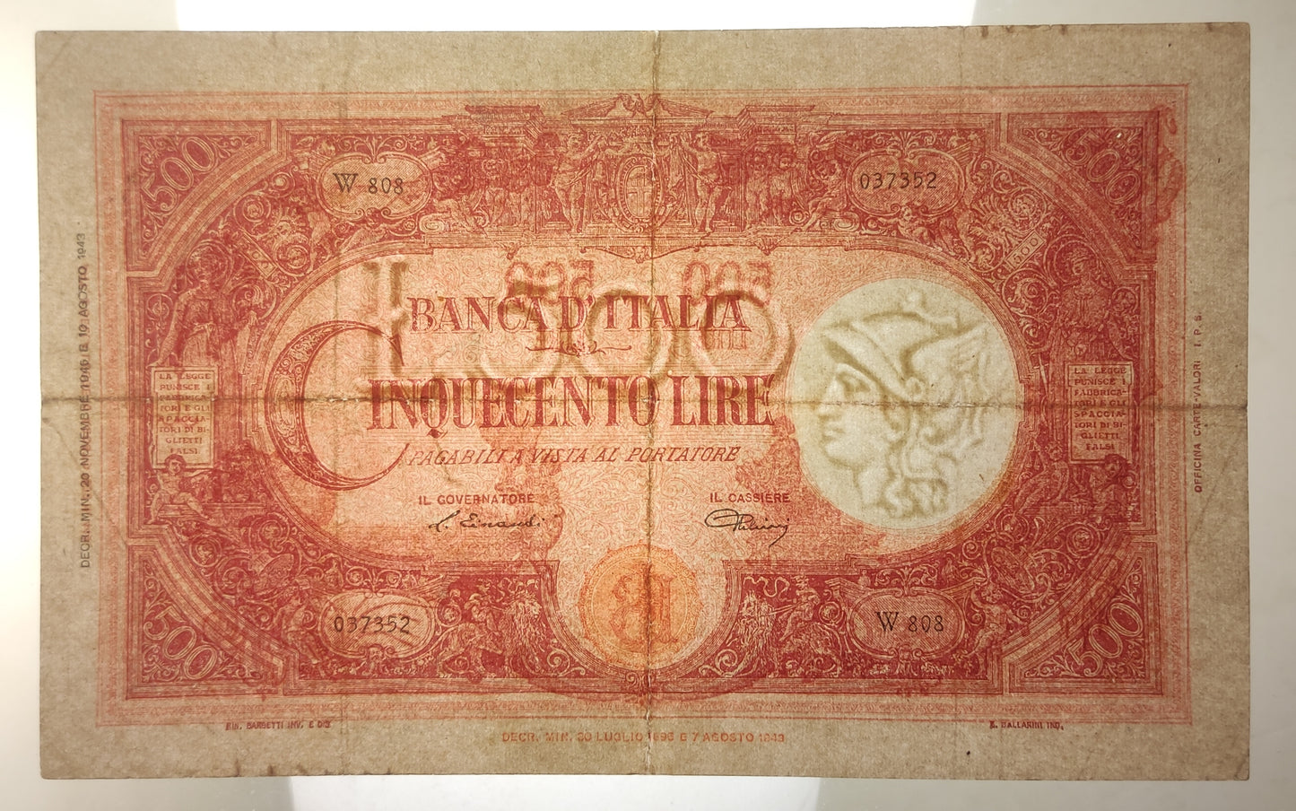 500 LIRE GRANDE "C" (B.I.) REPUBBLICA 20/11/1946 BB - Numismatica_ita