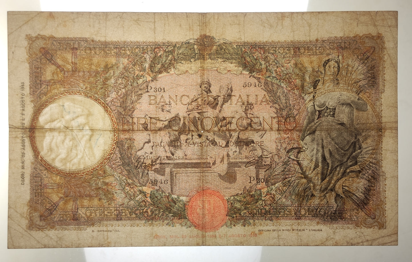 500 LIRE MIETITRICE (B.I.) 23/08/1943 BB - Numismatica_ita