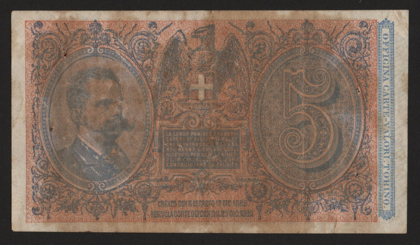 5 LIRE UMBERTO I 06/08/1889 R4 DELL'ARA - PIA BB+ - Numismatica_ita