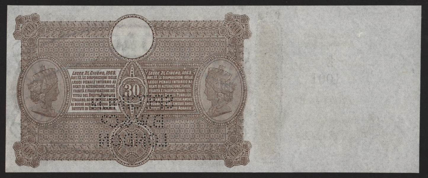 30 LIRE CREDITO AGRICOLO INDUSTRIALE SARDO CAMPIONE/SPECIMEN 01/03/1874 SUP+