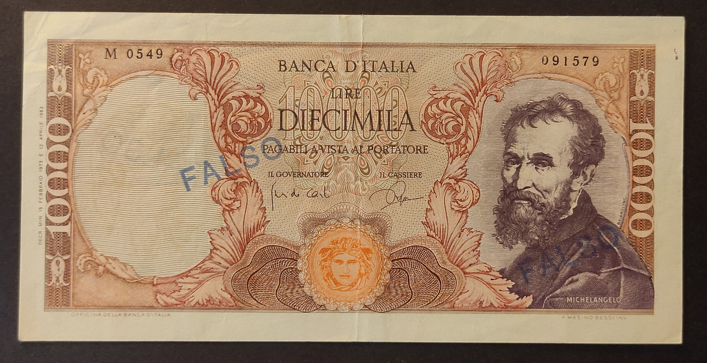 10000 LIRE MICHELANGELO FALSO D'EPOCA 15/02/1973 BB+