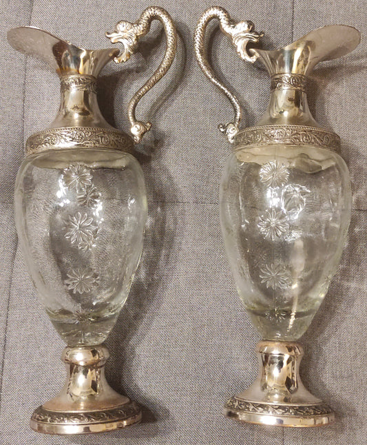SET DI 2 VASI ANTICHI IN VETRO E METALLO CON MANICI DECORATI - STILE VINTAGE