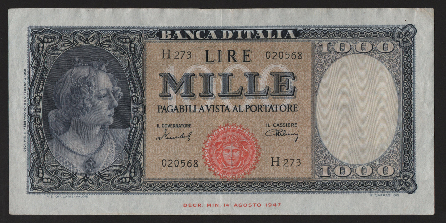 1000 LIRE ITALIA ORNATA DI PERLE (MEDUSA) 11/02/1949 BB+