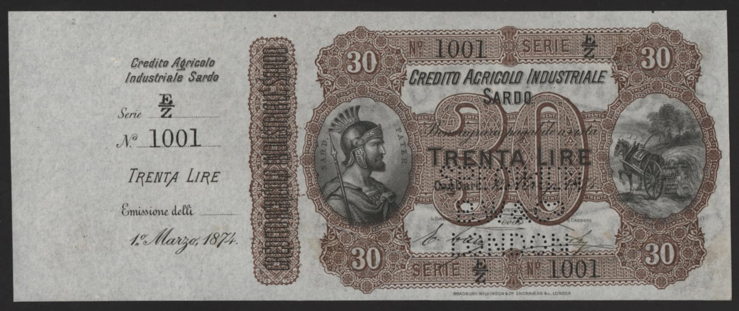 30 LIRE CREDITO AGRICOLO INDUSTRIALE SARDO CAMPIONE/SPECIMEN 01/03/1874 SUP+