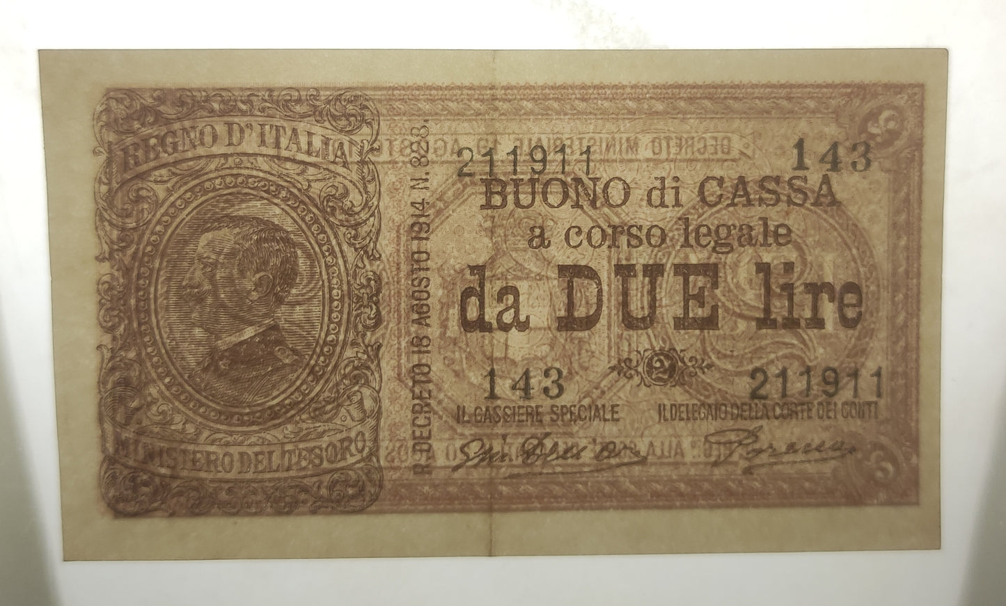 BUONO DI CASSA 2 LIRE VITTORIO EMANUELE III ERRORE DI STAMPA: NUMERI DECENTRATI 17/10/1921 SPL