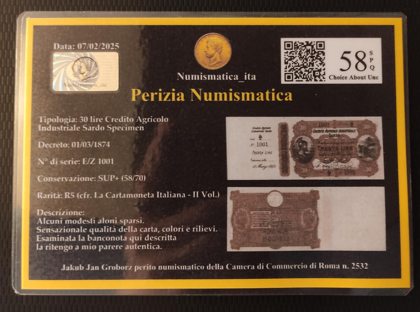 30 LIRE CREDITO AGRICOLO INDUSTRIALE SARDO CAMPIONE/SPECIMEN 01/03/1874 SUP+