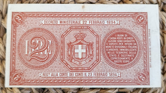 BUONO DI CASSA DA 2 LIRE UMBERTO I 15/02/1897 R3 SPL
