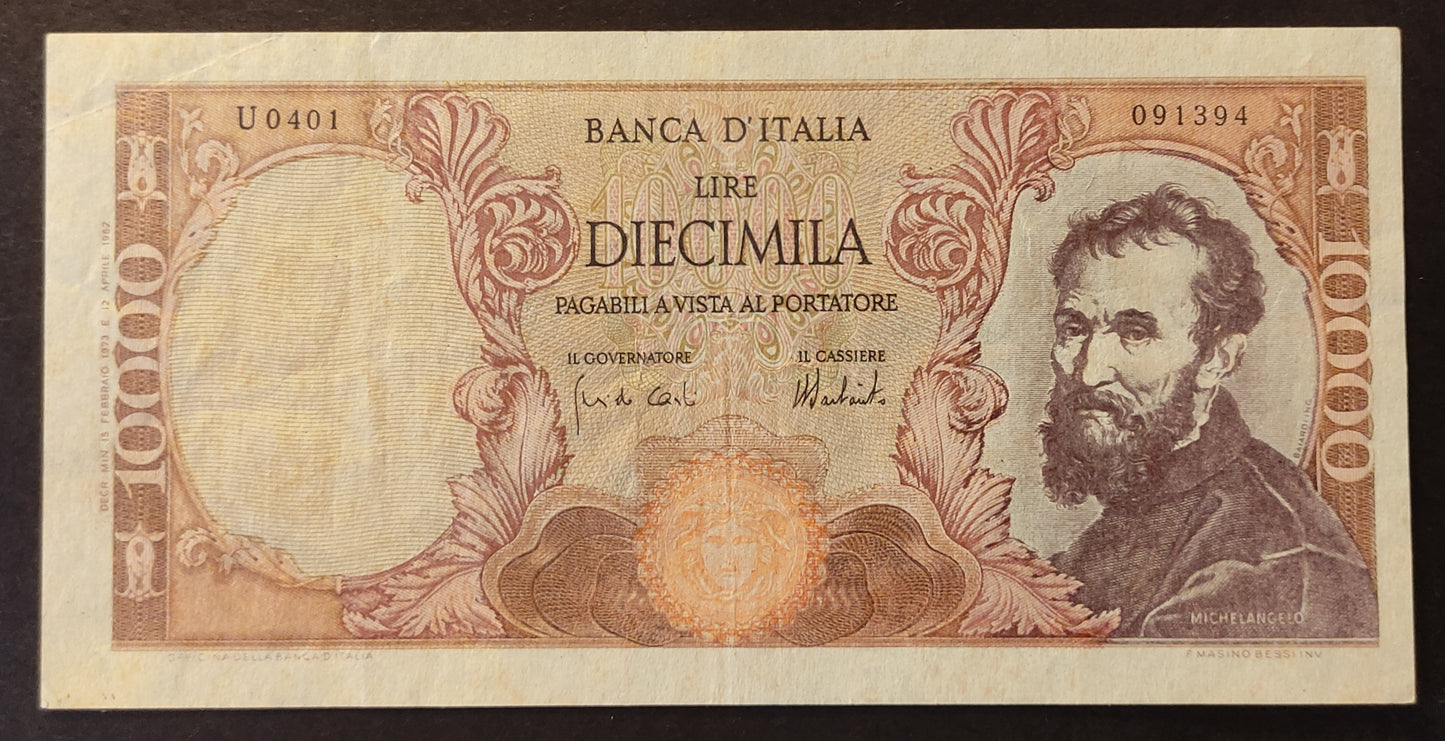 10000 LIRE MICHELANGELO FALSO D'EPOCA 15/02/1973 BB+