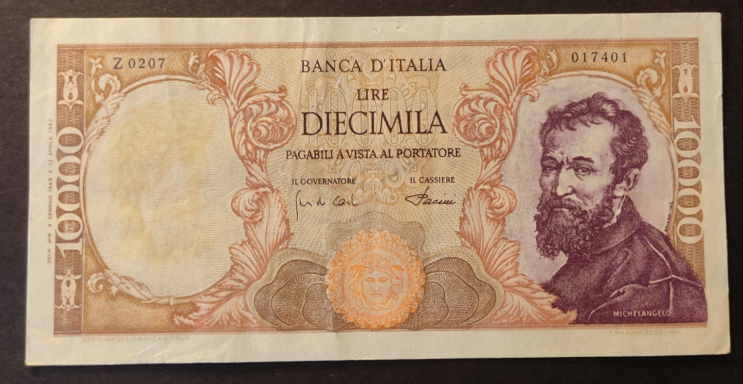10000 LIRE MICHELANGELO FALSO D'EPOCA 04/01/1968 BB+