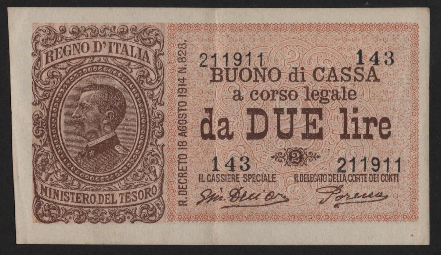 BUONO DI CASSA 2 LIRE VITTORIO EMANUELE III ERRORE DI STAMPA: NUMERI DECENTRATI 17/10/1921 SPL