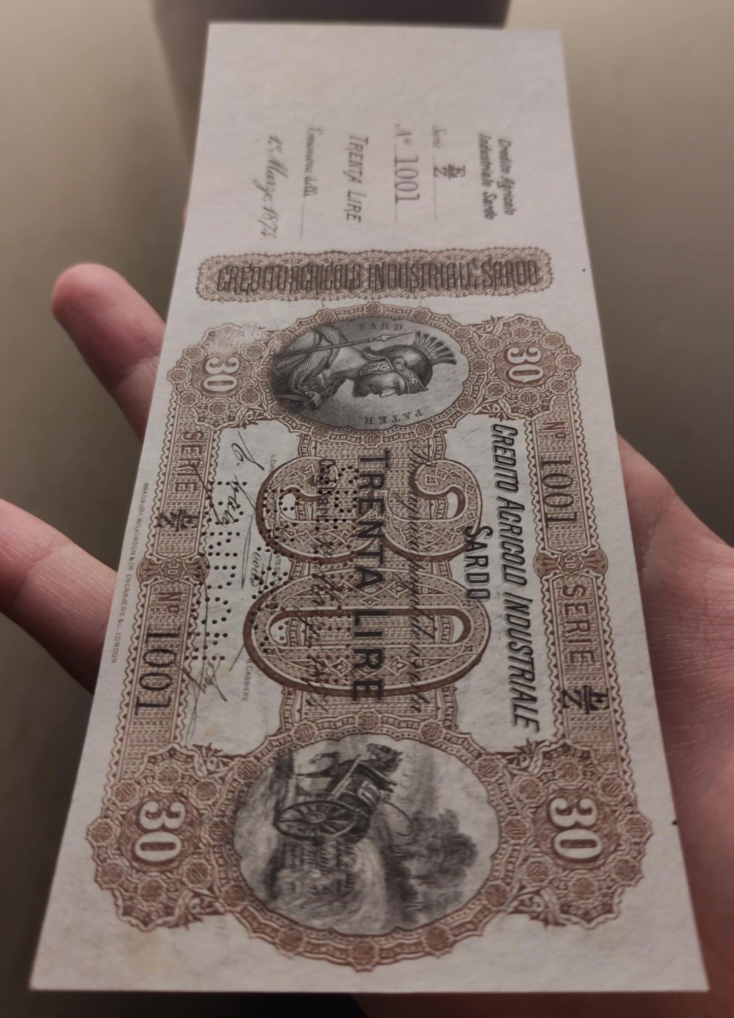 30 LIRE CREDITO AGRICOLO INDUSTRIALE SARDO CAMPIONE/SPECIMEN 01/03/1874 SUP+