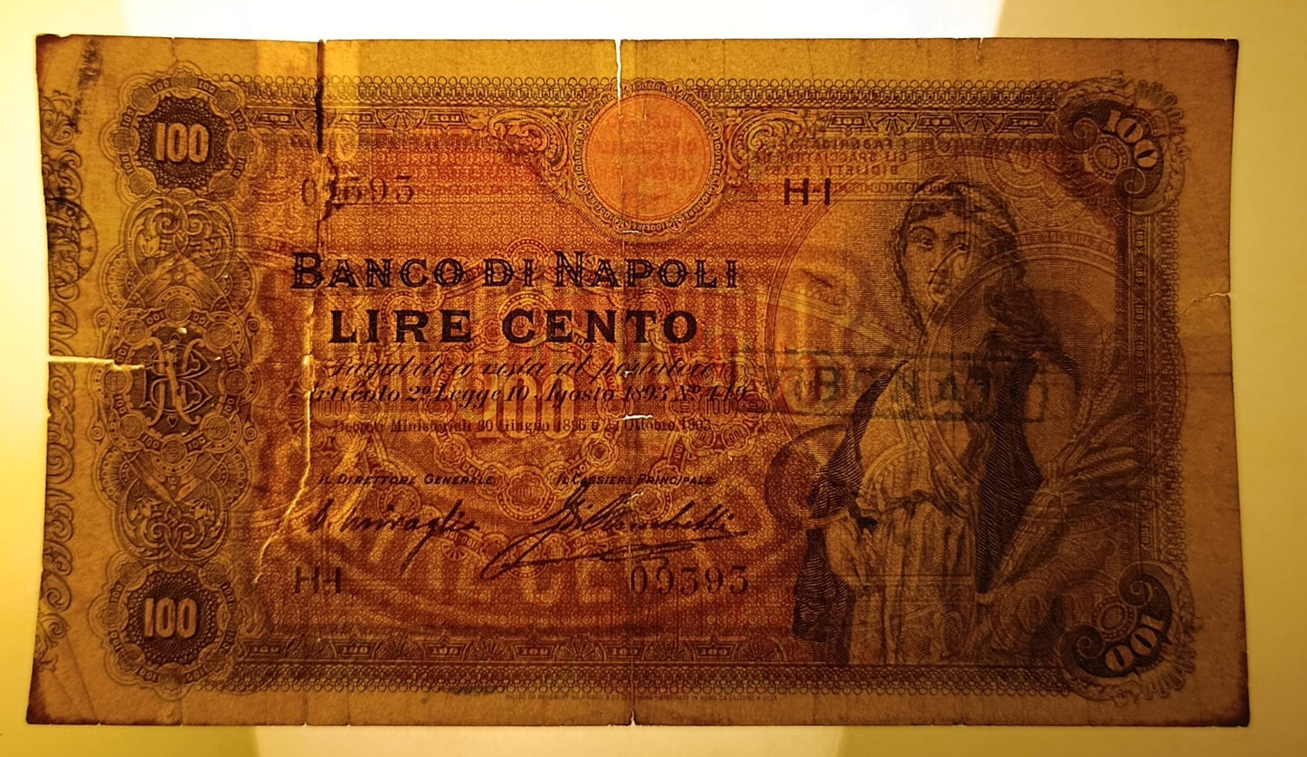100 LIRE AGRICOLTURA BANCO DI NAPOLI 22/10/1903 R3 MB
