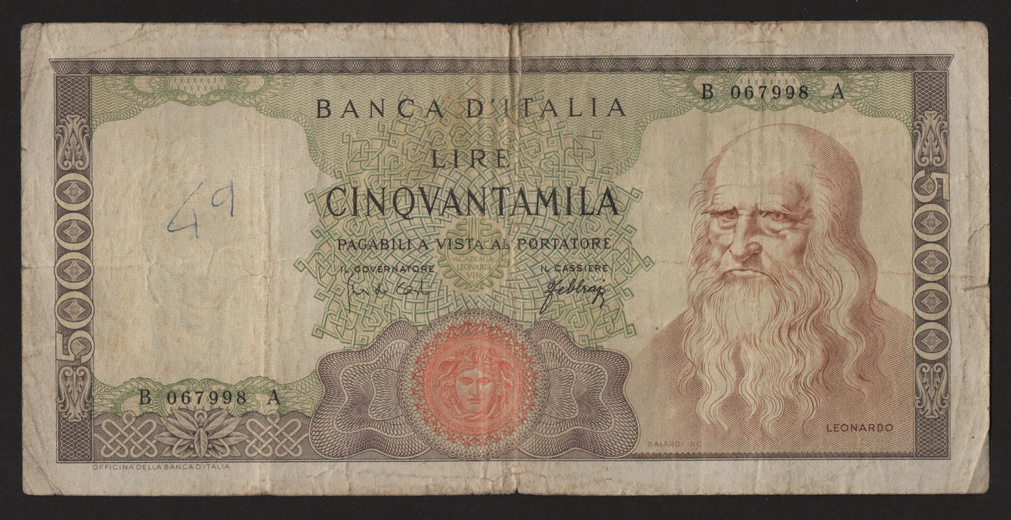 50000 LIRE LEONARDO DA VINCI 03/07/1967 qBB