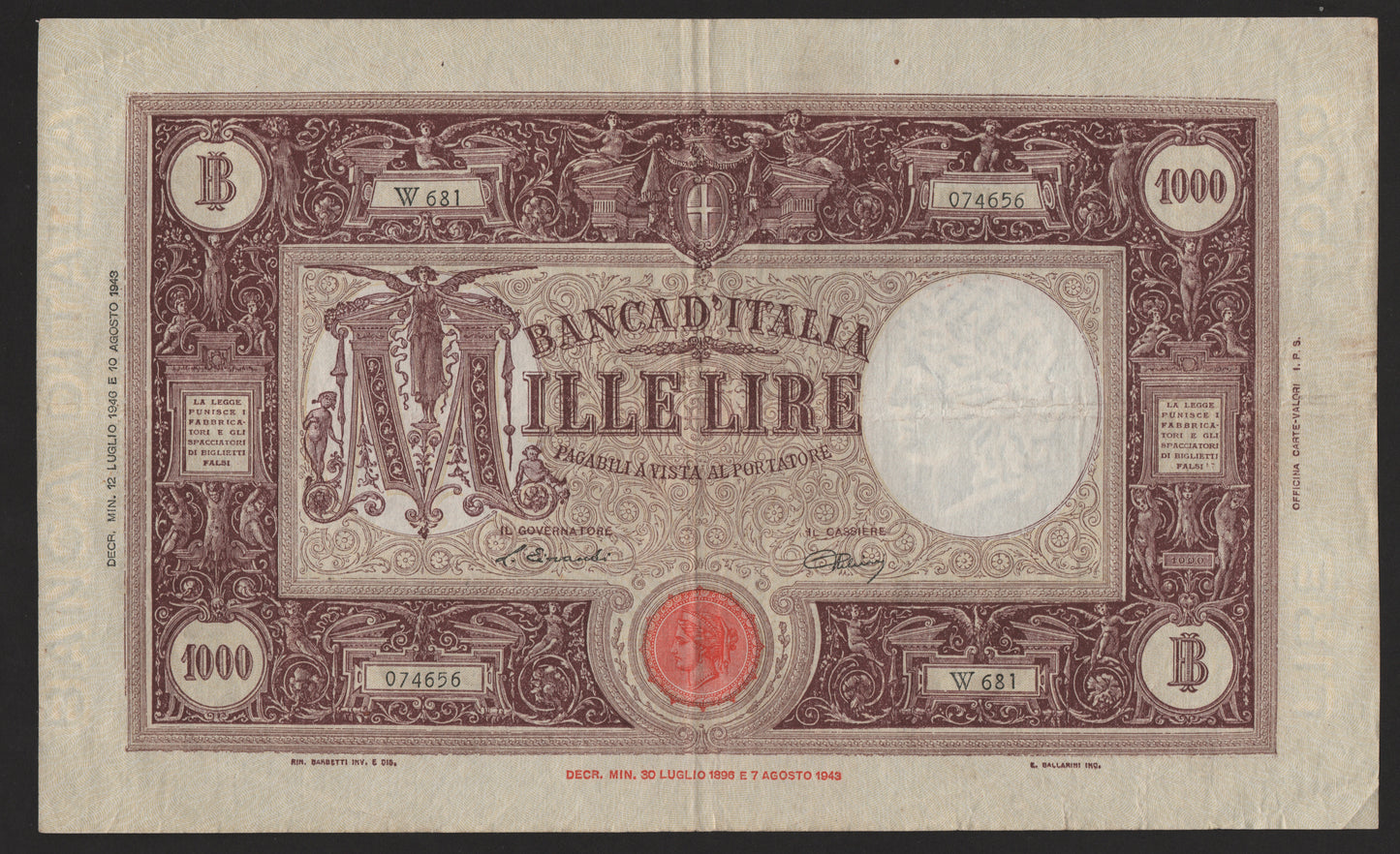 1000 LIRE GRANDE "M" (B.I.) 12/07/1946 1° DECRETO REPUBBLICA ITALIANA BB+