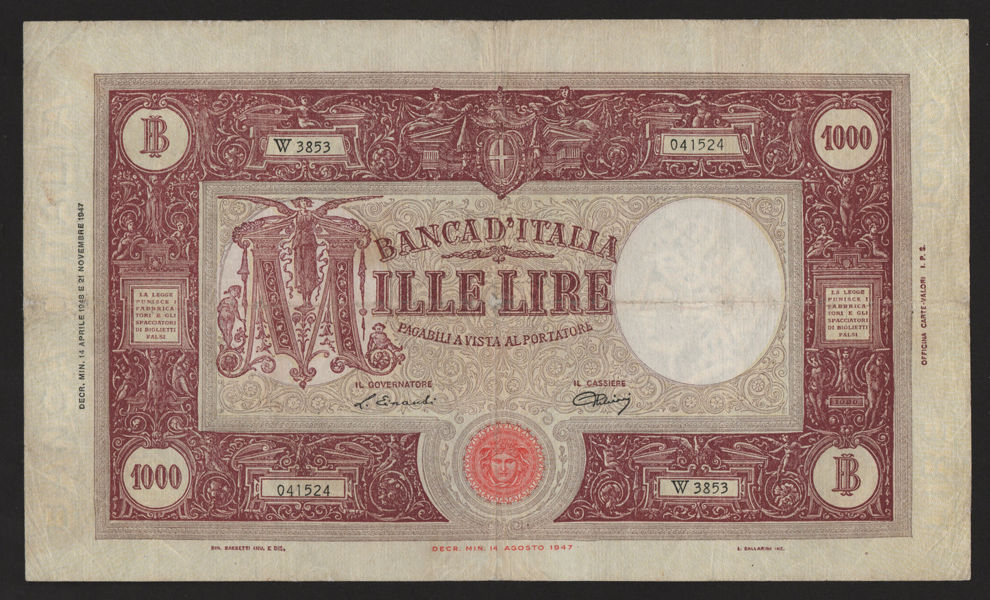 1000 LIRE GRANDE "M" (MEDUSA) 14/04/1948 BB