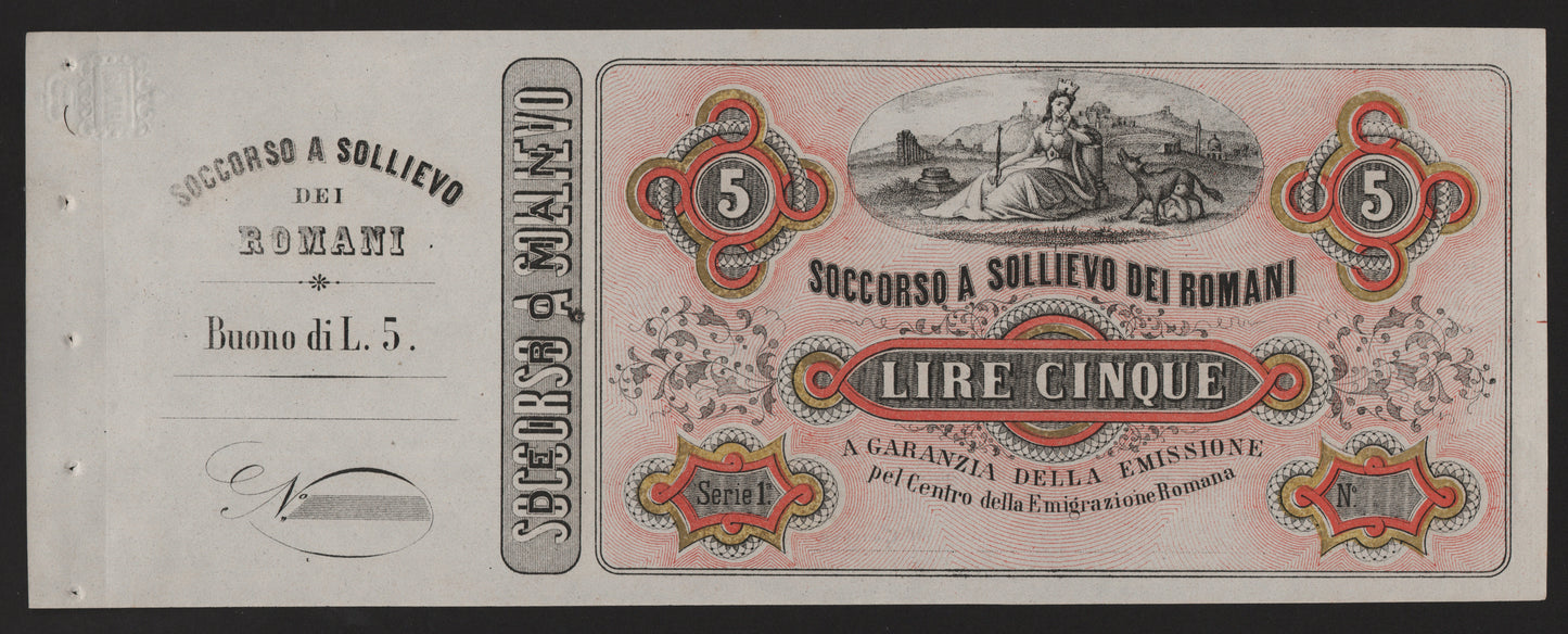 5 LIRE SOCCORSO A SOLLIEVO DEI ROMANI 30/04/1867 qFDS PERIZIATA