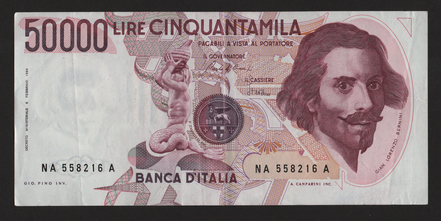 50000 LIRE BERNINI 1° TIPO ERRORE DI STAMPA: DECENTRATA 15/03/1984 BB+