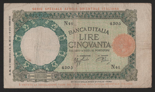 50 LIRE LUPETTA AFRICA ORIENTALE ITALIANA 14/01/1939 BB