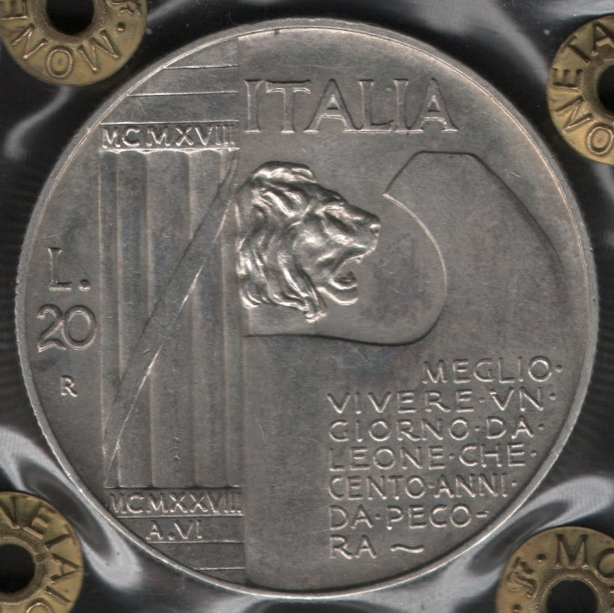 20 LIRE CAPPELLONE ELMETTO 1928 SPL+ PERIZIATA. MONETA ARGENTO REGNO D'ITALIA