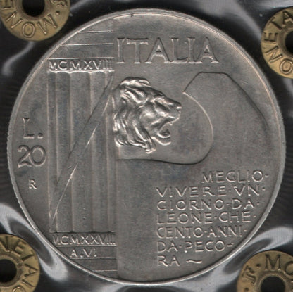 20 LIRE CAPPELLONE ELMETTO 1928 SPL+ PERIZIATA. MONETA ARGENTO REGNO D'ITALIA