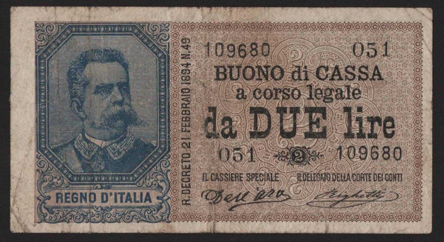 BUONO DI CASSA 2 LIRE UMBERTO I 15/02/1897 BB