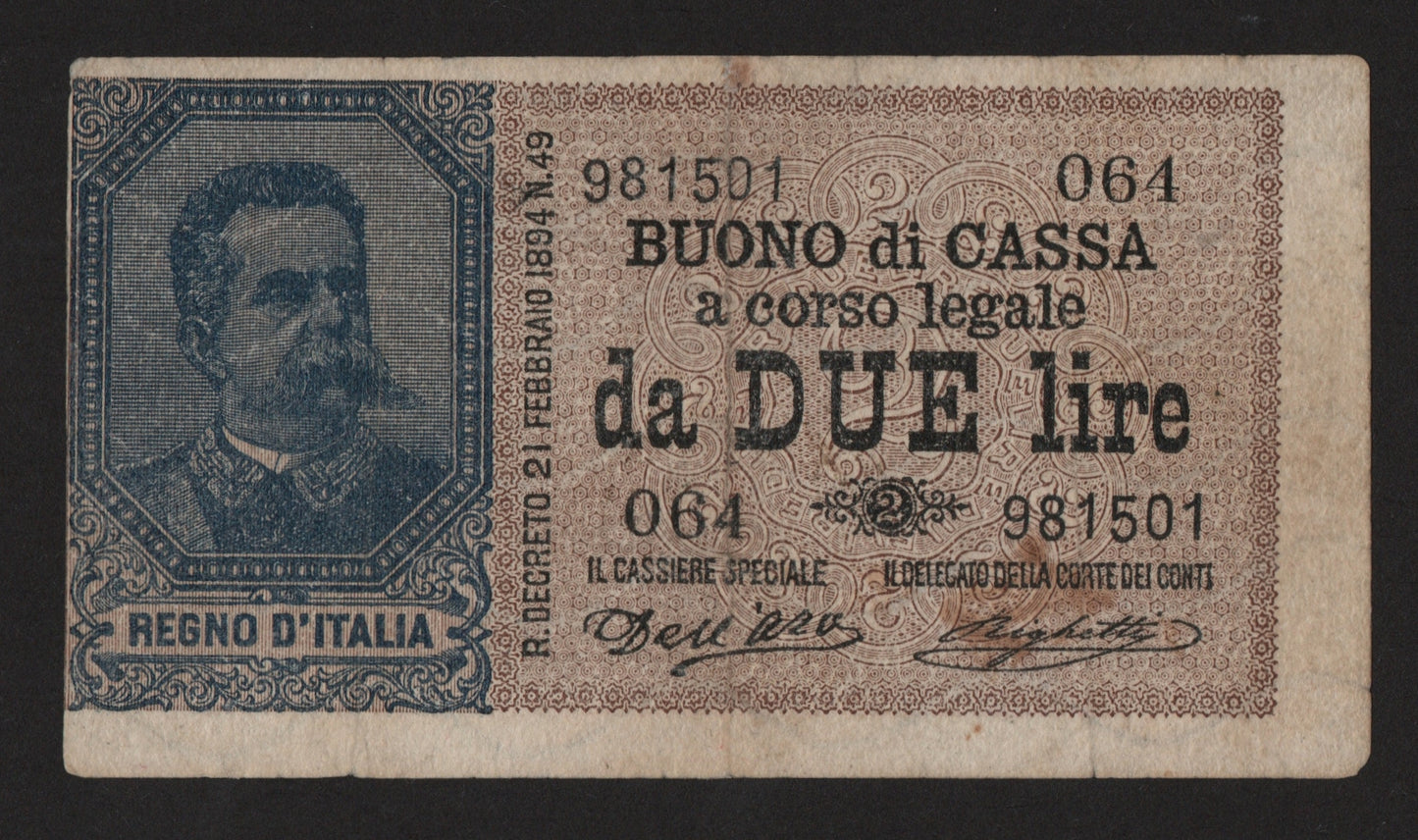 BUONO DI CASSA 2 LIRE UMBERTO I 26/08/1897 R3 BB