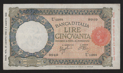 50 LIRE LUPETTA (B.I.) 23/08/1943 qSPL