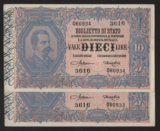 10 LIRE EFFIGIE DI UMBERTO I 19/09/1923 CONSECUTIVE DA MAZZETTA SUP