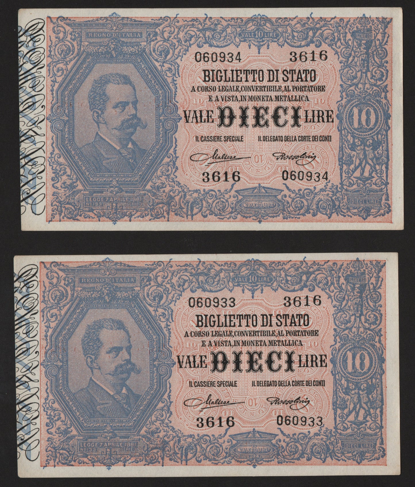 10 LIRE EFFIGIE DI UMBERTO I 19/09/1923 CONSECUTIVE DA MAZZETTA SUP