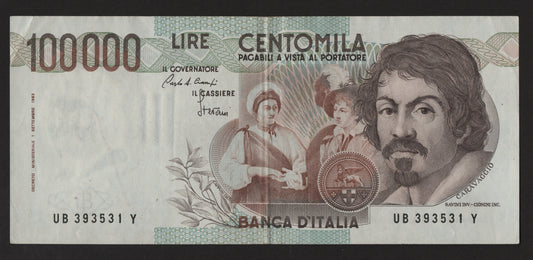 100000 LIRE CARAVAGGIO 1° TIPO LETTERA B 1985 qSPL