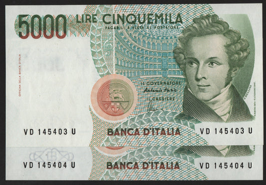 LOTTO BANCONOTE 5000 LIRE BELLINI CONSECUTIVE DA MAZZETTA LETTERA D 1996 FDS