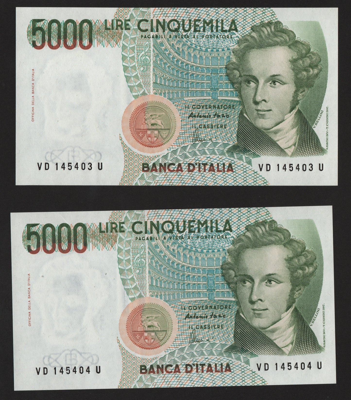 LOTTO BANCONOTE 5000 LIRE BELLINI CONSECUTIVE DA MAZZETTA LETTERA D 1996 FDS