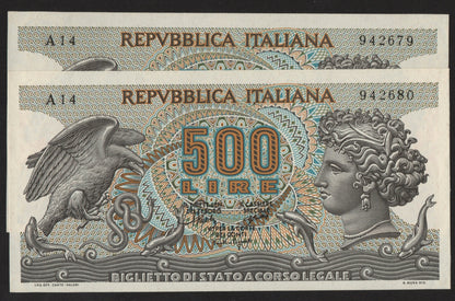 500 LIRE ARETUSA 20/10/1967 FDS CONSECUTIVE DA MAZZETTA