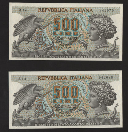 500 LIRE ARETUSA 20/10/1967 FDS CONSECUTIVE DA MAZZETTA