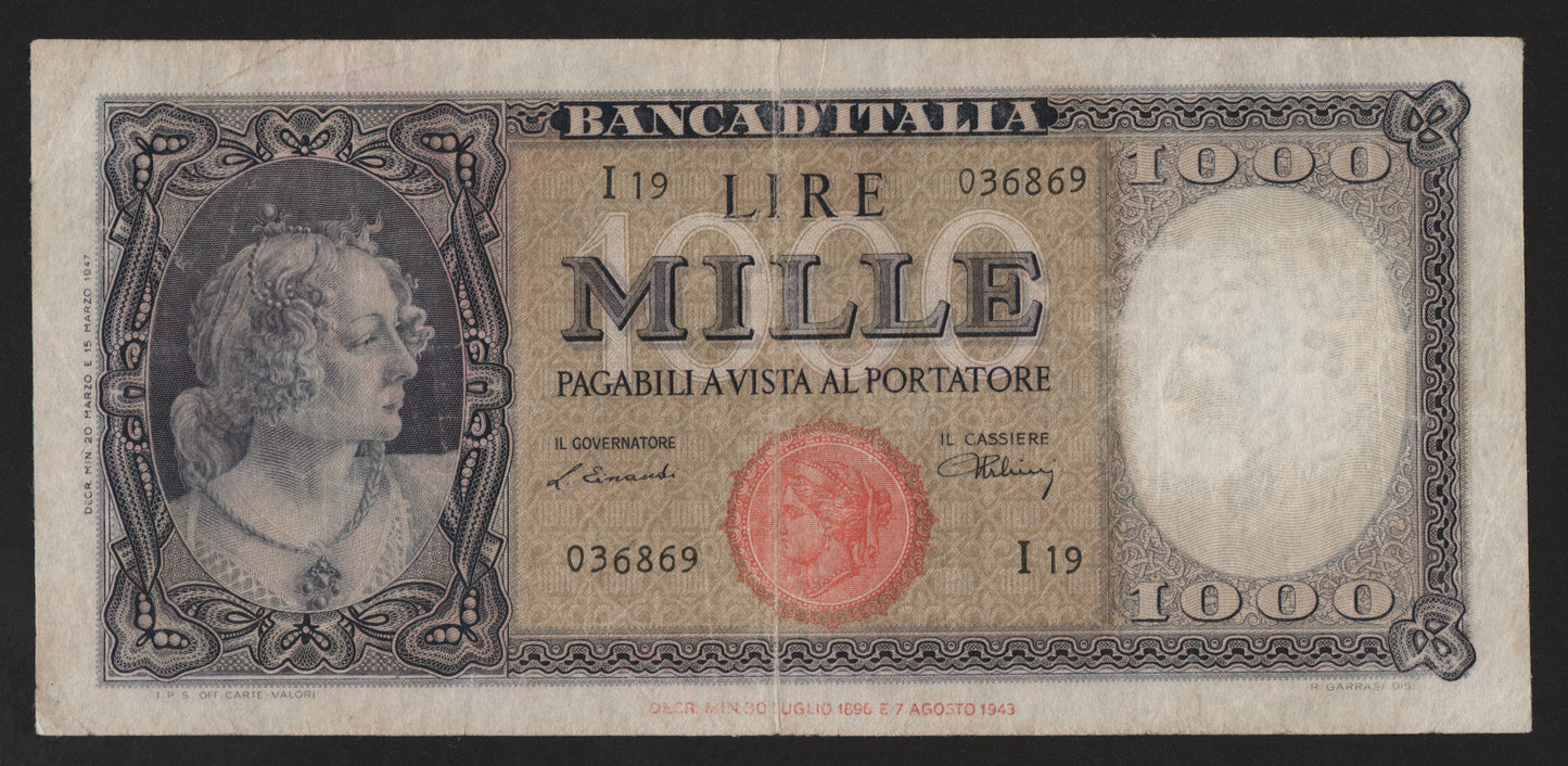 1000 LIRE ITALIA ORNATA DI PERLE (TESTINA) 20/03/1947 BB