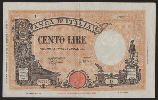 100 LIRE BARBETTI GRANDE "B" 09/12/1942 (FASCIO) qSPL