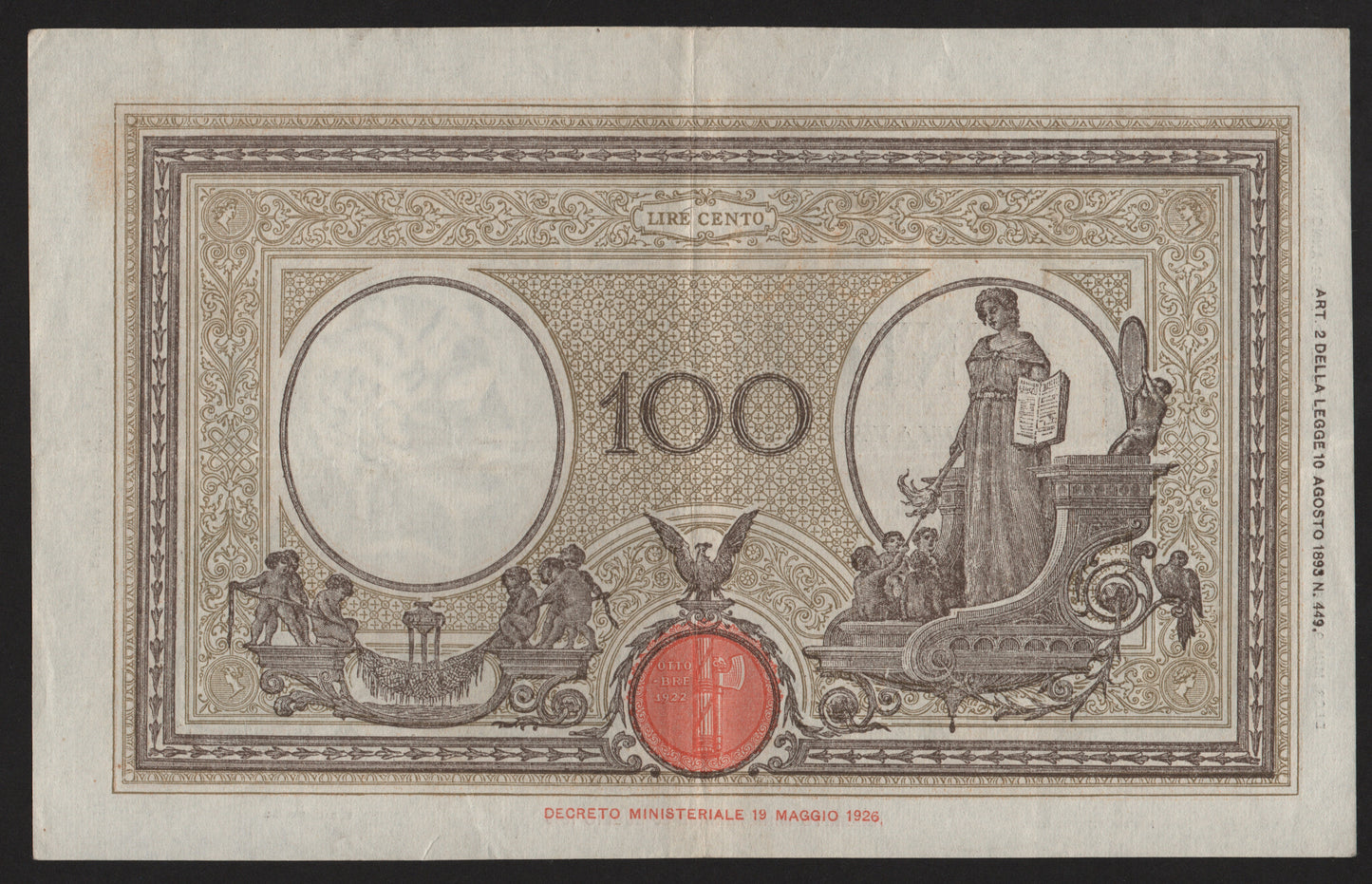 100 LIRE BARBETTI GRANDE "B" 09/12/1942 (FASCIO) qSPL