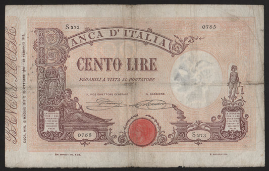 100 LIRE MATRICE (DECRETO) 12/05/1919 CANOVAI-SACCHI qBB