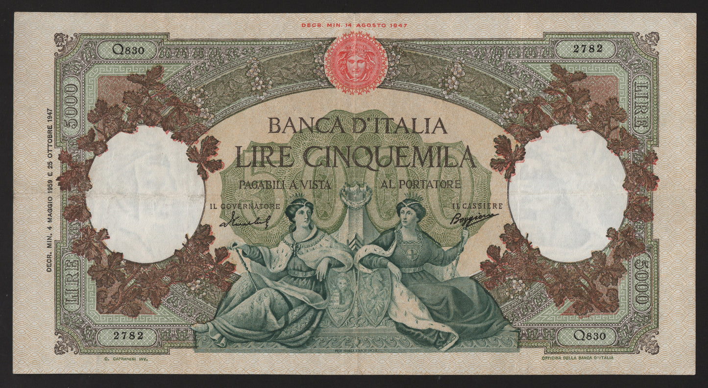 5000 LIRE REPUBBLICHE MARINARE REGINE DEL MARE (MEDUSA) 04/05/1959 BB+