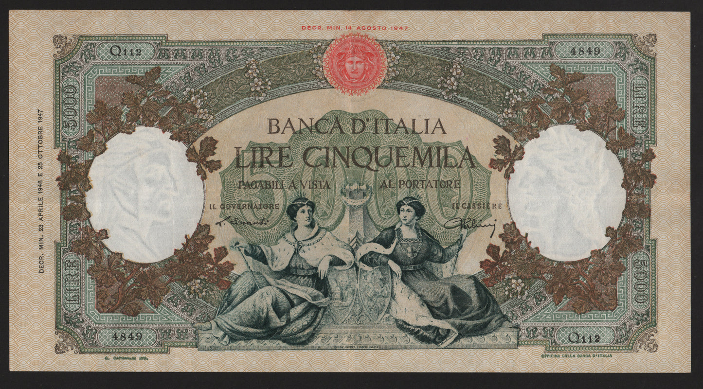 5000 LIRE REPUBBLICHE MARINARE REGINE DEL MARE (MEDUSA) 23/04/1948 qSPL