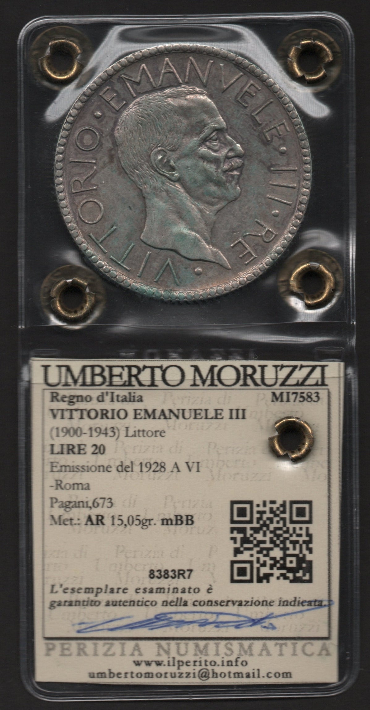 20 LIRE LITTORE 1928 PERIZIATA BB+ MONETA ARGENTO DA COLLEZIONE