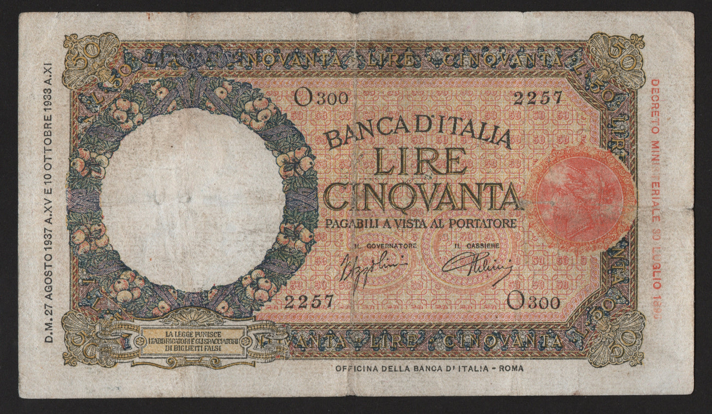 50 LIRE LUPETTA (FASCIO) ROMA 1° TIPO 27/08/1937 BB