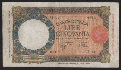 50 LIRE LUPETTA (FASCIO) ROMA 1° TIPO 01/06/1938 BB