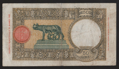 50 LIRE LUPETTA (FASCIO) ROMA 1° TIPO 01/06/1938 BB